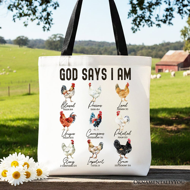 God Says I Am Christian Tote Bag, Rooster and Chicken Gift Shopper for Farm Style Lovers