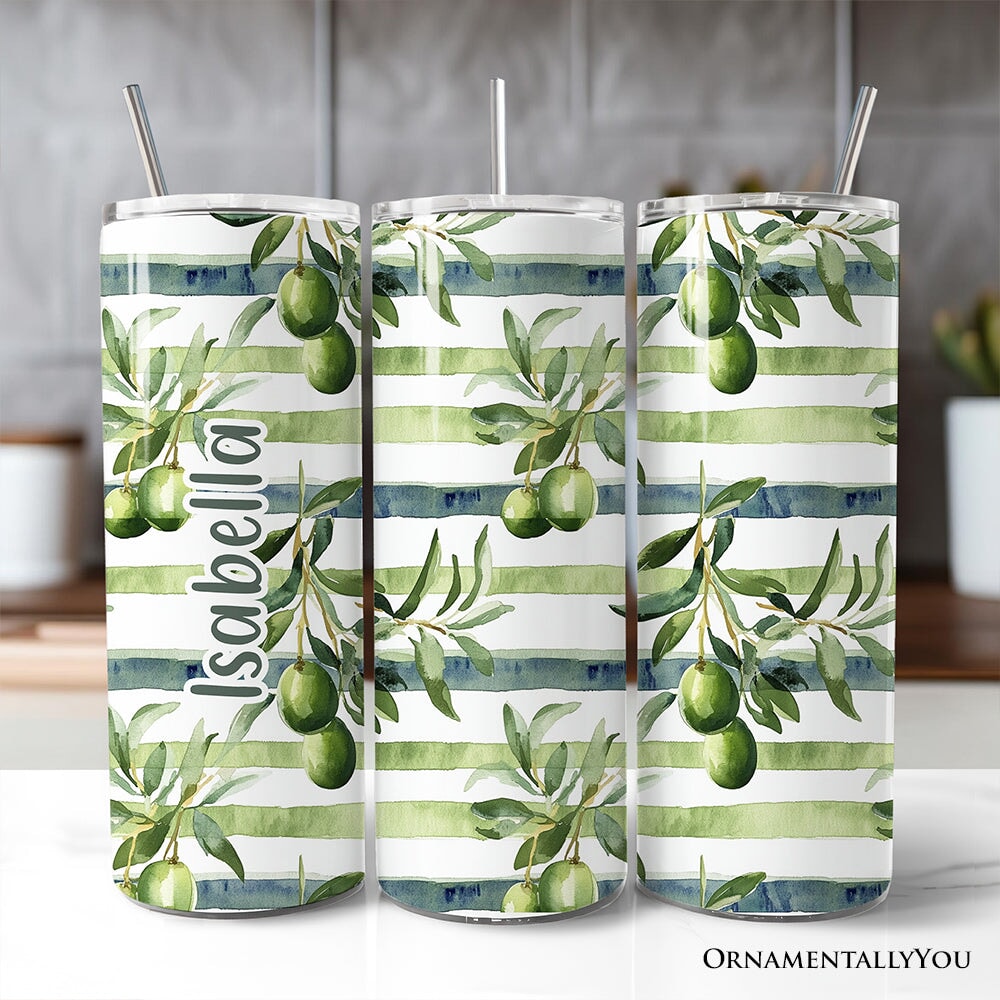 Green Olive Branch Print 20oz Personalized Tumbler With Lid and Stainless Steel Straw, Fresh Botanical Gift Cup