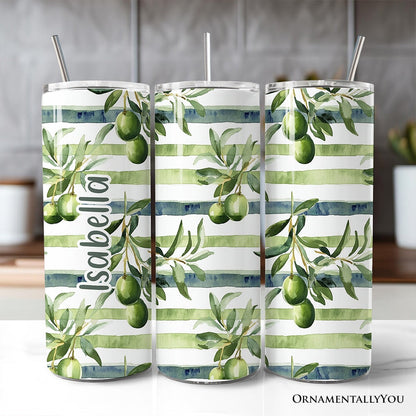 Green Olive Branch Print 20oz Personalized Tumbler With Lid and Stainless Steel Straw, Fresh Botanical Gift Cup
