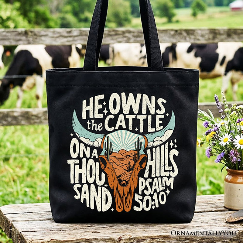 He Owns the Cattle On a Thousand Hills Tote Bag, Christian Western Faith Gift Shopper