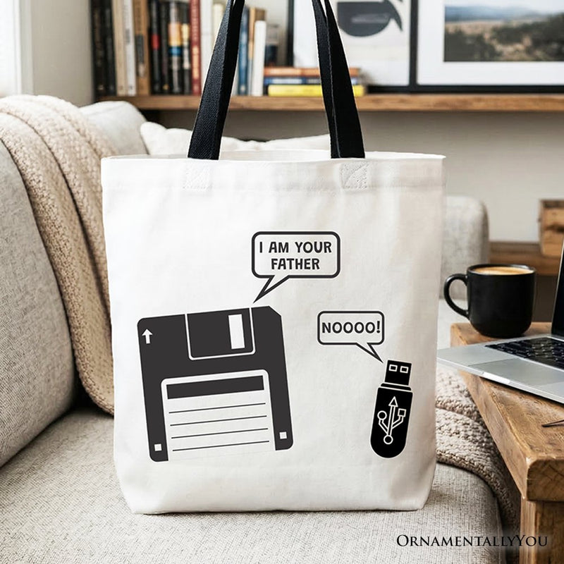 I Am Your Father Floppy Disk Tote Bag, Funny USB Retro Dad Computer Nerd Gift Shopper