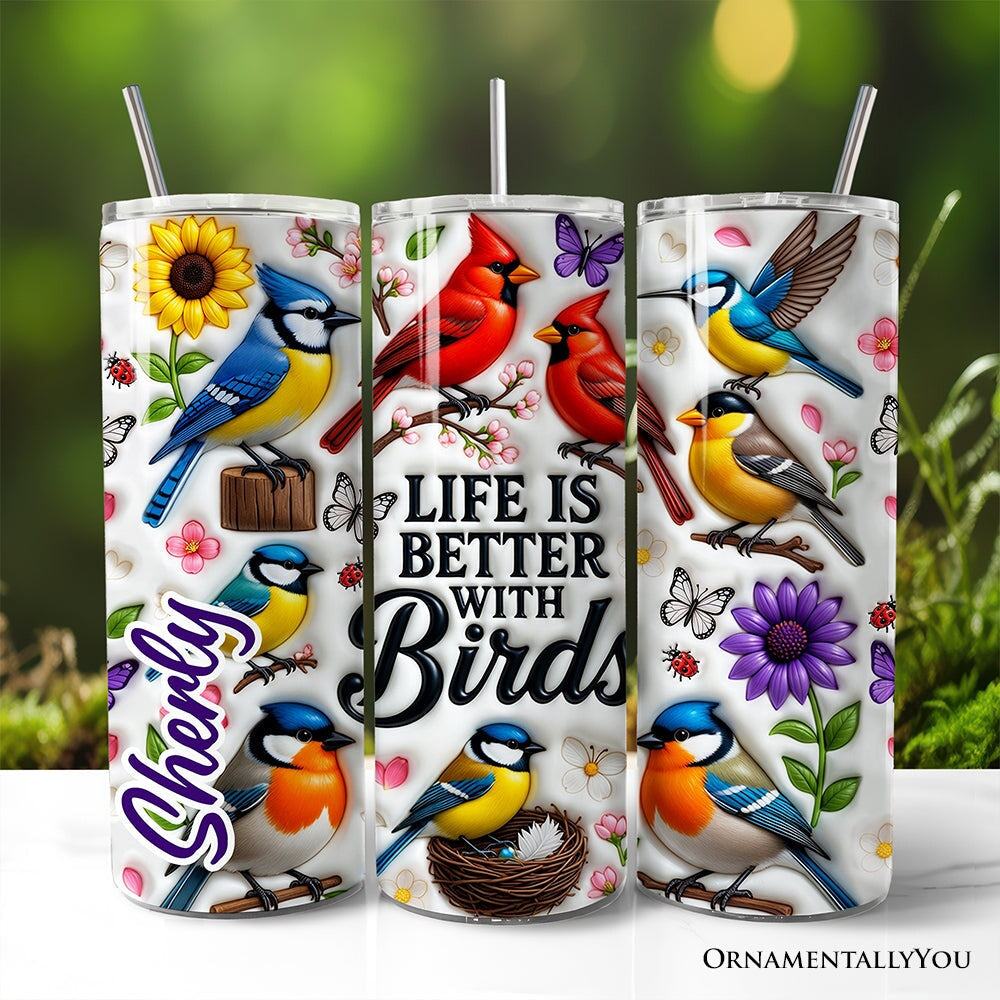 Inflated Life Is Better With Birds 20oz Personalized Tumbler With Lid and Stainless Steel Straw, Colorful Birdwatcher Gift Cup