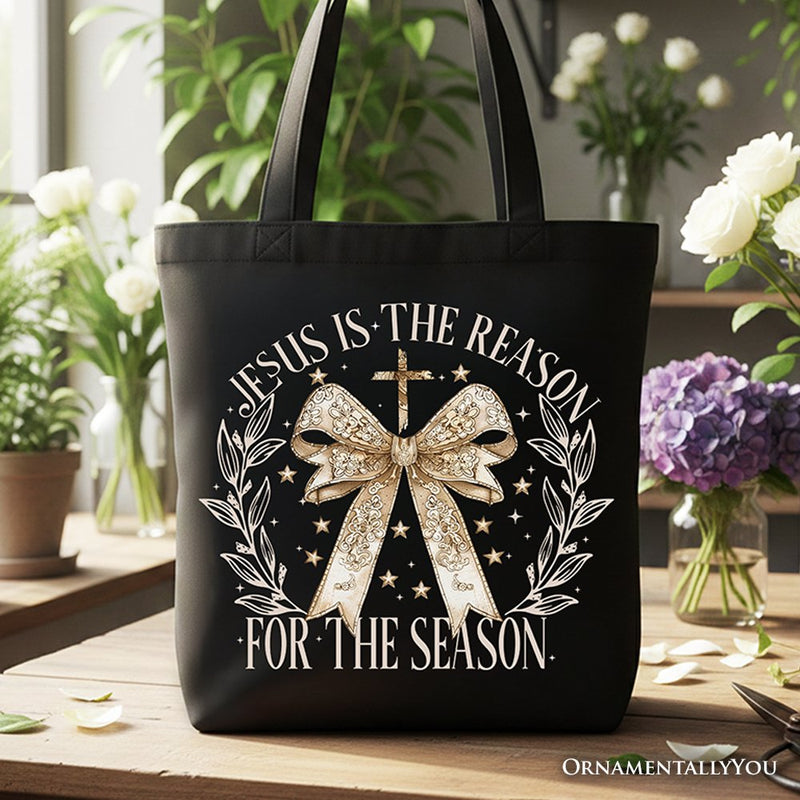 Jesus Is the Reason Christmas Tote Bag, Coquette Gold Bow Cross Gift Shopper for Faithful Women