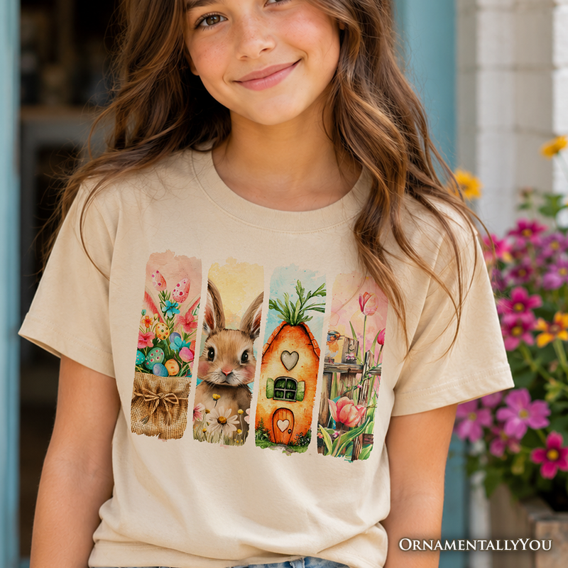 Kids Easter Bunny Floral Brushstroke T-Shirt, Spring Pastel Coquette Tee for Youth