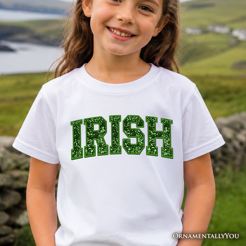 Kids Irish Sequin St Patrick's Day T-Shirt, Festive Green Glitter Imitation Tee for Youth