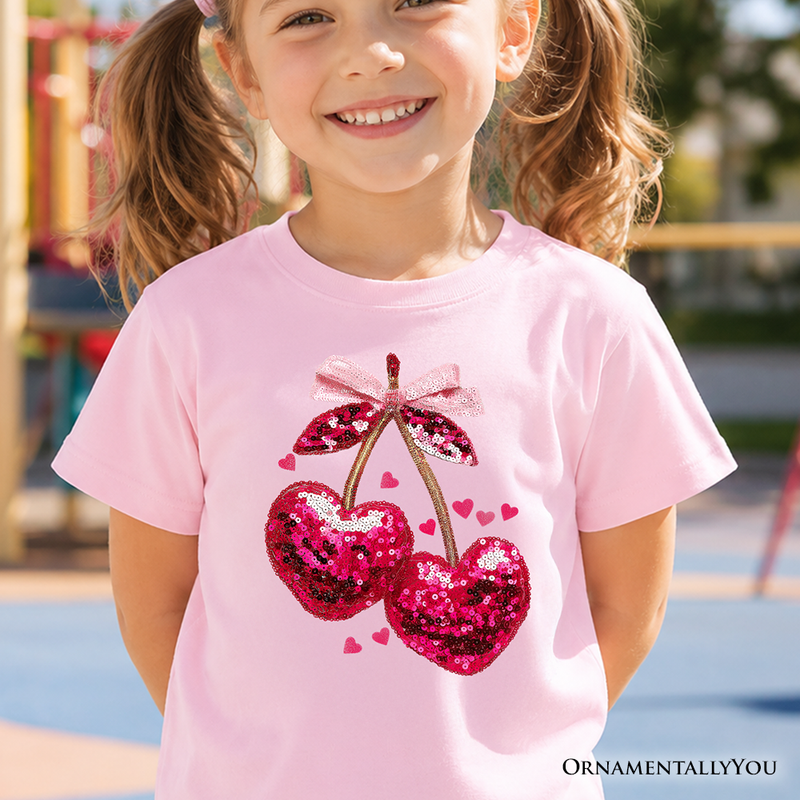 Kids Sequin Pink Cherry Heart Valentine T-Shirt, Mood for Love Coquette Tee for Youth Girls