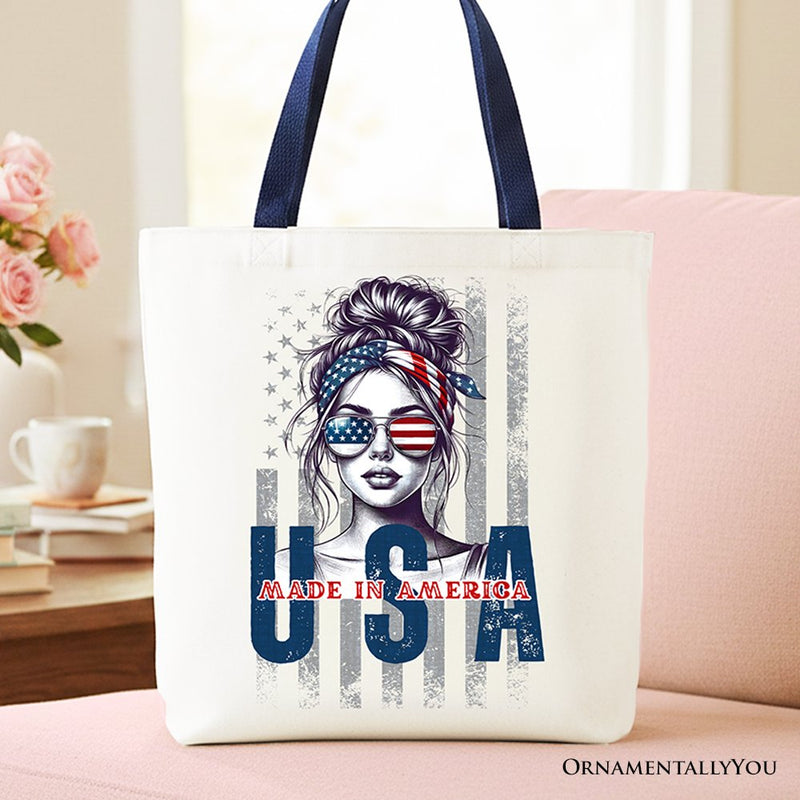 Made in America Messy Bun Tote Bag, Retro 4th of July White Patriotic Gift Shopper