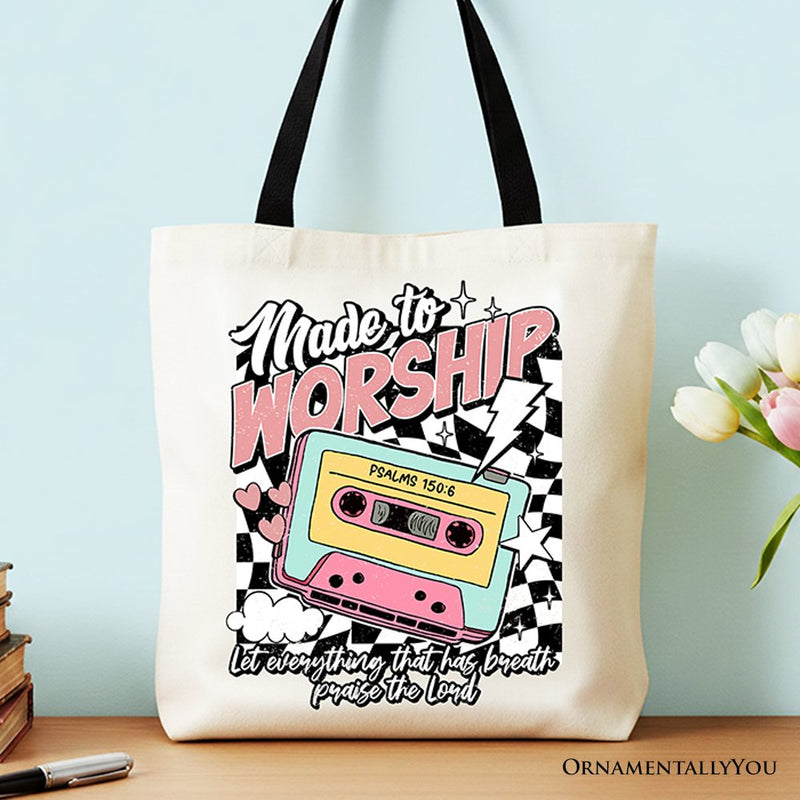 Made to Worship Christian Retro Tote Bag, Psalm 150:6 Bible Verse Gift Shopper