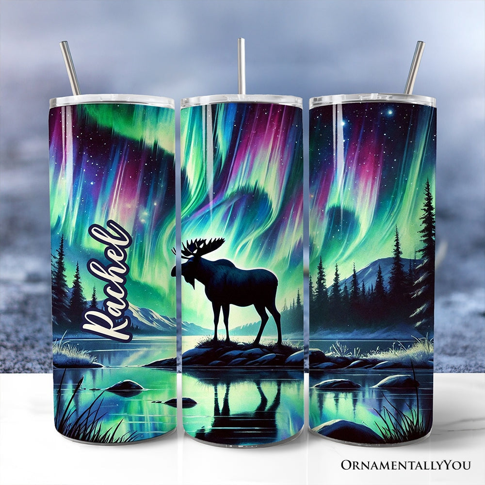 Majestic Moose Under Northern Lights 20oz Personalized Tumbler With Lid and Stainless Steel Straw, Enchanted Christmas Gift Cup