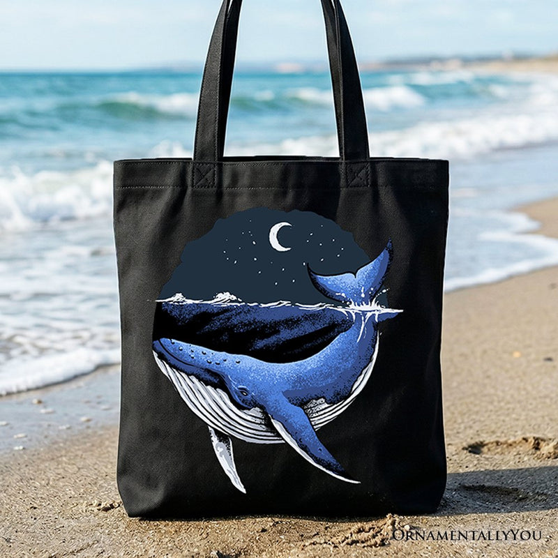 Moonlit Whale Vintage Tote Bag, Night Ocean Retro Gift Shopper