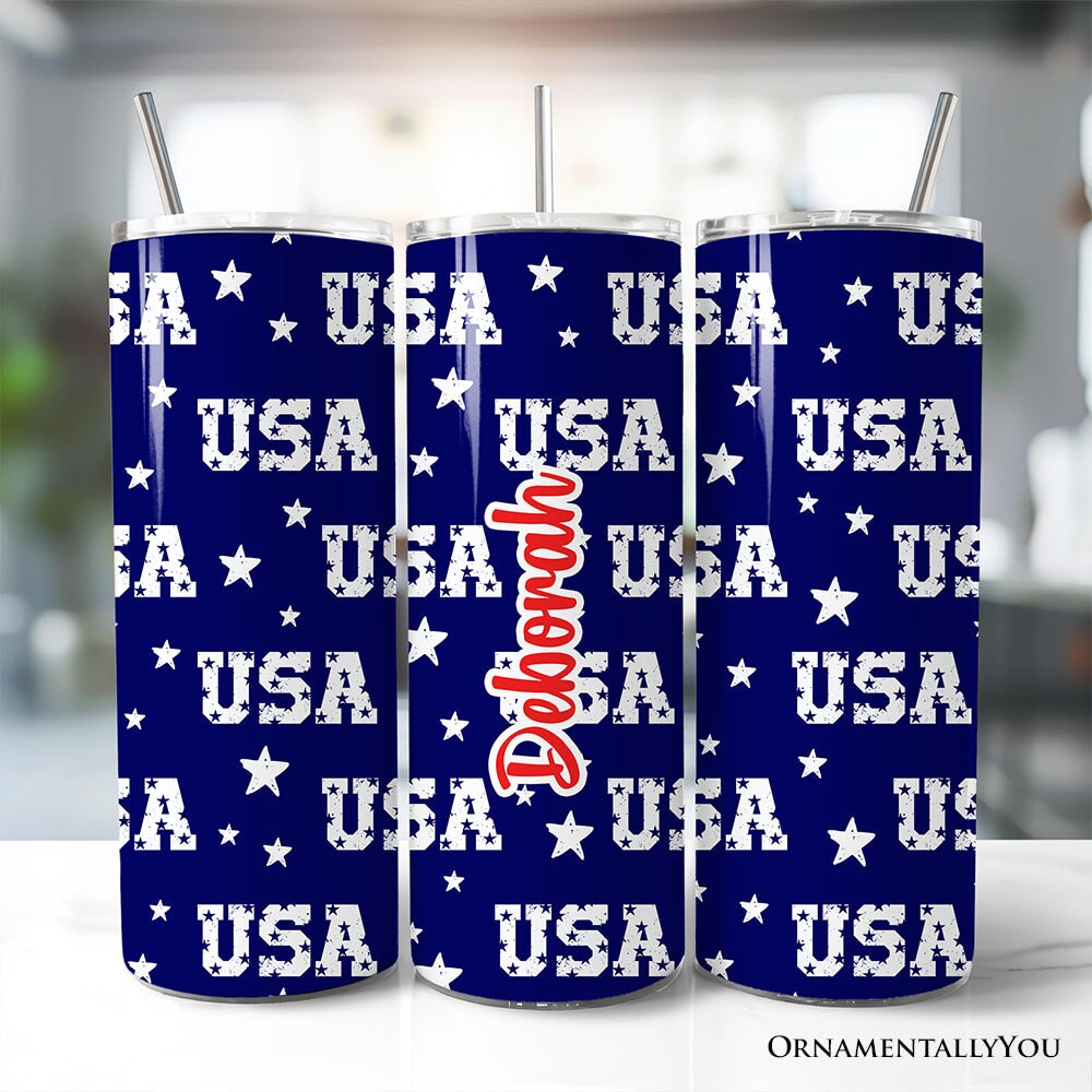 Navy USA Block Letters Pattern 20oz Personalized Tumbler With Lid and Stainless Steel Straw, Vintage Independence Day Patriotic Gift Cup