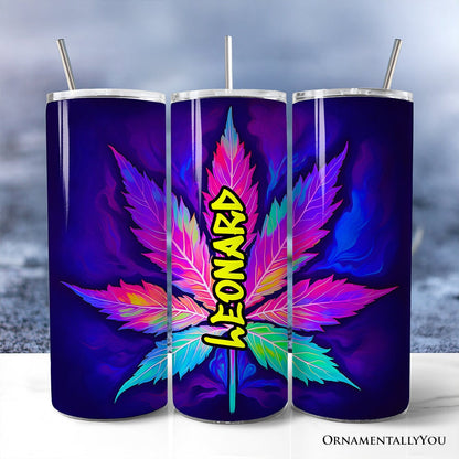 Neon Cannabis Leaf 20oz Personalized Tumbler With Lid and Stainless Steel Straw, Psychedelic Weed Aesthetic Gift Cup