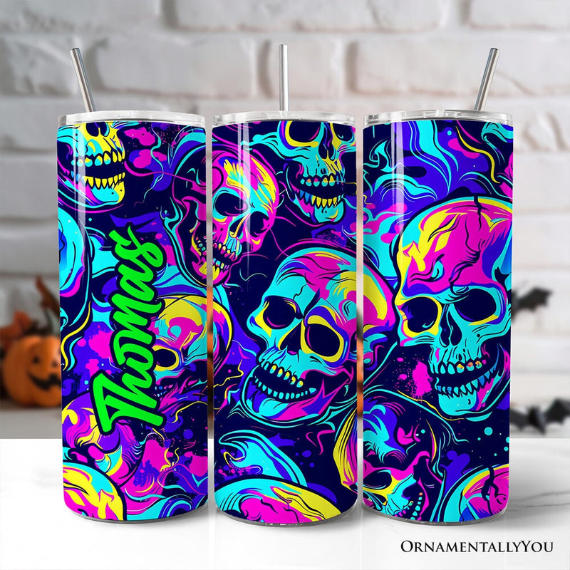 Neon Skull Chaos 20oz Personalized Tumbler With Lid and Stainless Steel Straw, Psychedelic Horror Halloween Gift Cup