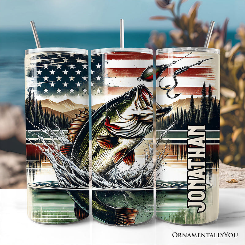 Patriotic Bass Fishing 20oz Personalized Tumbler With Lid and Stainless Steel Straw, Retro Angler Gift Cup