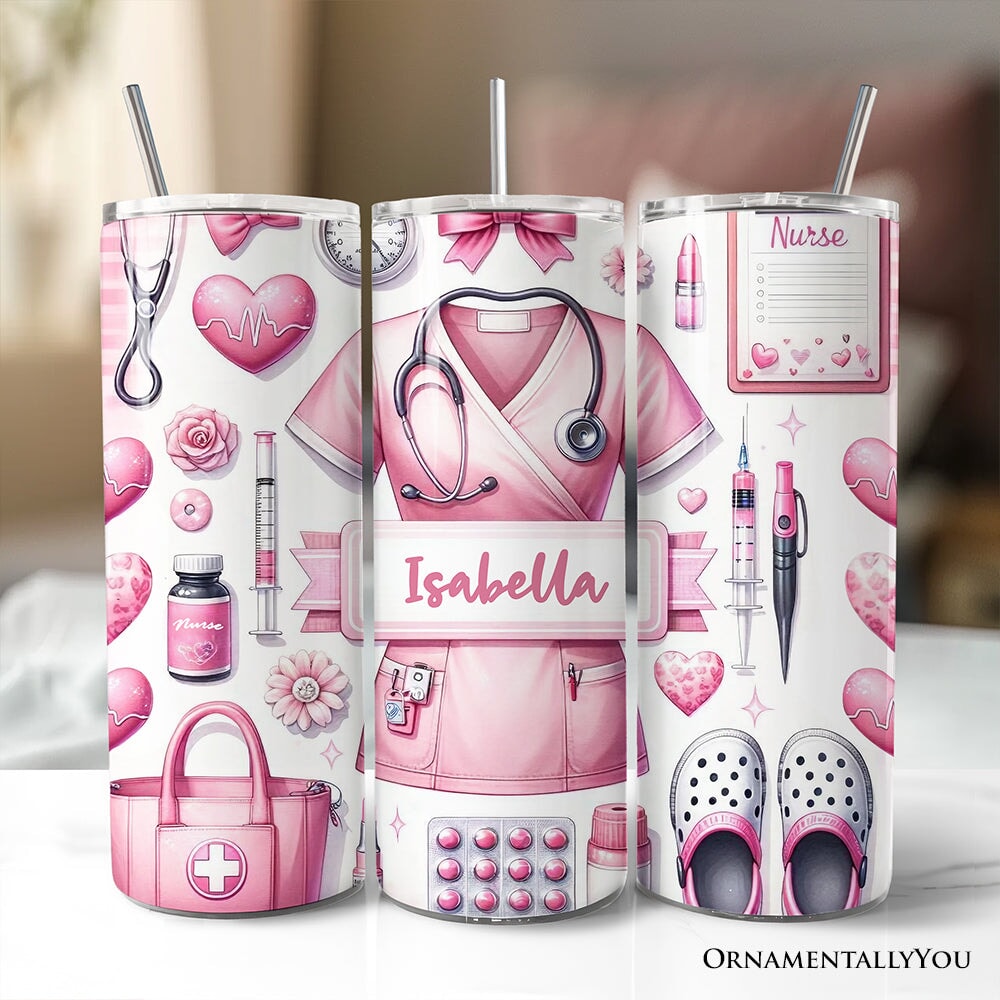 Pink Nurse Life 20oz Personalized Tumbler With Lid and Stainless Steel Straw, Medical Worker Appreciation Gift Cup