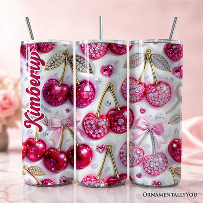 Pink Rhinestone Cherry Bow 20oz Personalized Tumbler With Lid and Stainless Steel Straw, Sparkly Valentine Coquette Gift Cup