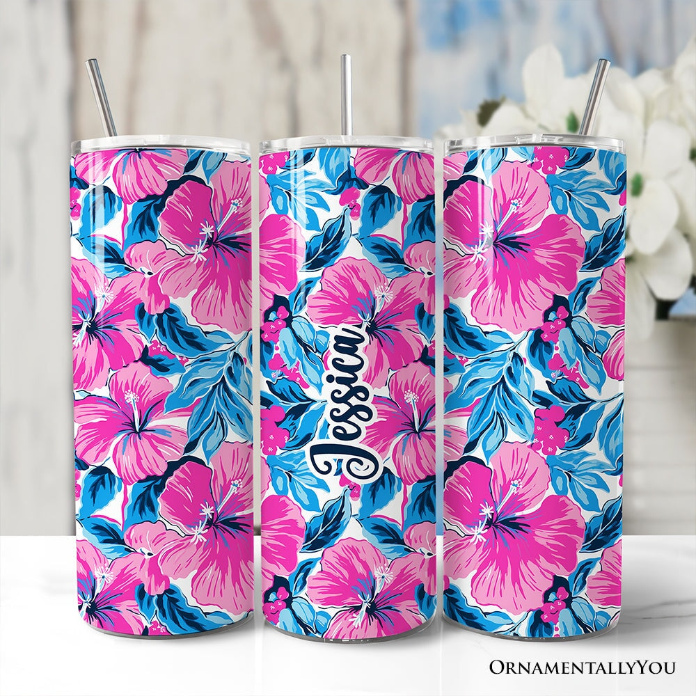 Pink and Blue Hibiscus Flowers 20oz Personalized Tumbler With Lid and Stainless Steel Straw, Vibrant Summer Floral Gift Cup