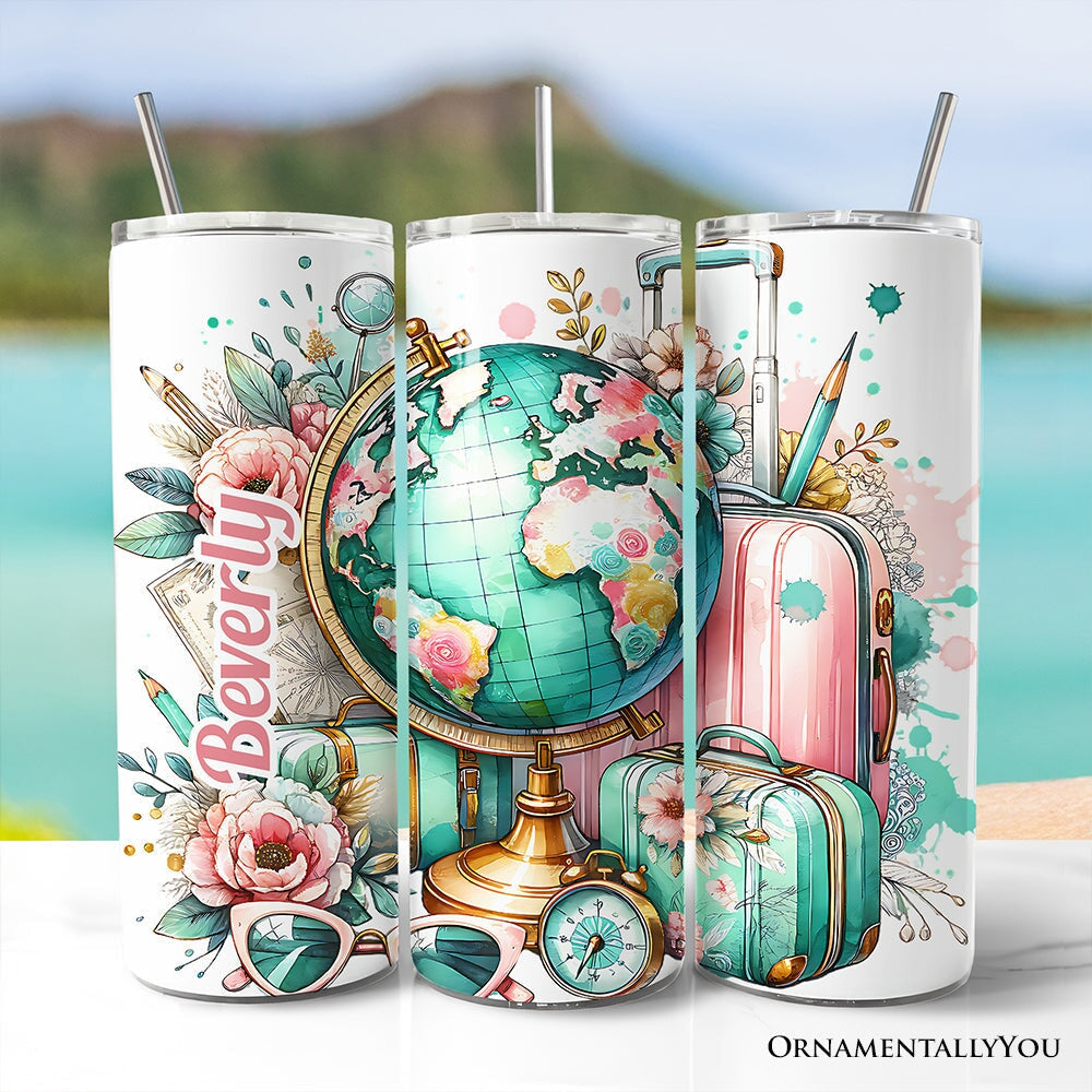 Pink and Teal Wanderlust Girl 20oz Personalized Tumbler With Lid and Stainless Steel Straw, Floral Traveler Adventurer Gift Cup