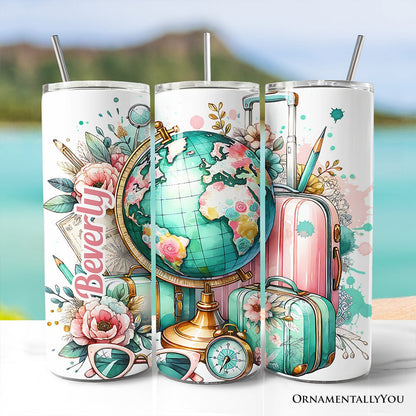Pink and Teal Wanderlust Girl 20oz Personalized Tumbler With Lid and Stainless Steel Straw, Floral Traveler Adventurer Gift Cup