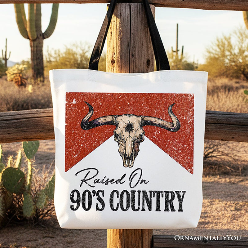 Raised On 90s Country Tote Bag, Vintage Bull Skull Gift Shopper