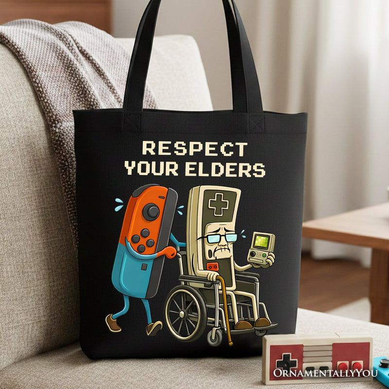 Respect Your Elders Gaming Controller Tote Bag, Old School Gamer Humor Gift Shopper