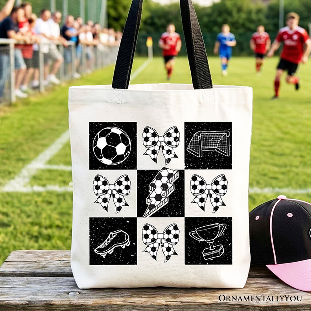 Retro Checkered Soccer Tote Bag, Coquette Bow Game Day Gift Shopper