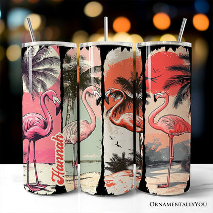 Retro Flamingo Beach 20oz Personalized Tumbler With Lid and Stainless Steel Straw, Summer Vacation Sunset Gift Cup