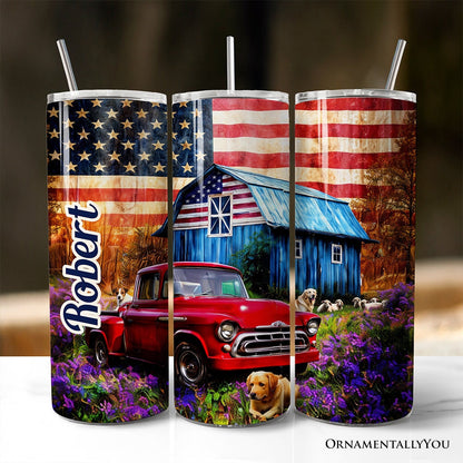 Rustic Old Red Truck and Country Barn 20oz Personalized Tumbler With Lid and Stainless Steel Straw, American Homeland Gift Cup
