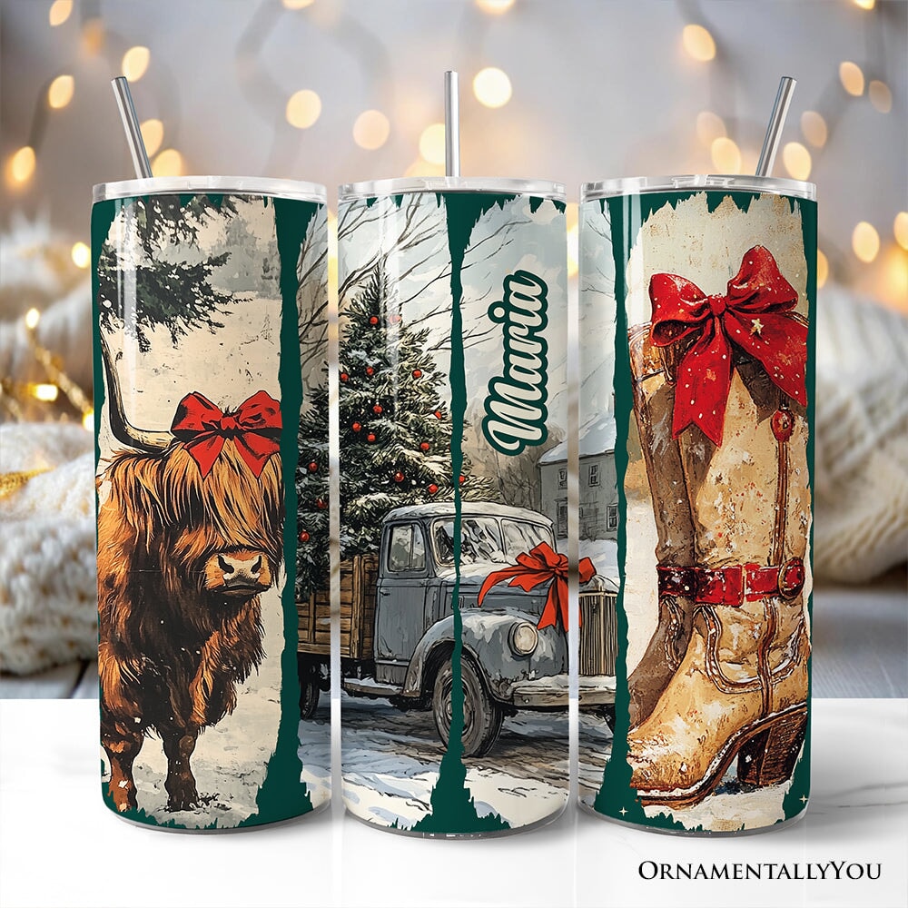 Small Town Christmas 20oz Personalized Tumbler With Lid and Stainless Steel Straw, Highland Cow Rustic Western Cowgirl Gift Cup