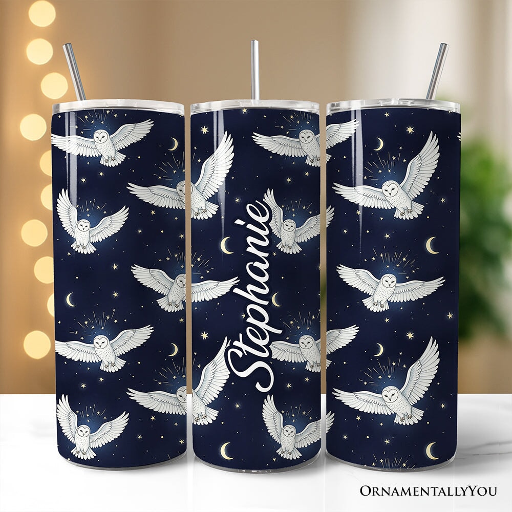 Snowy Owl Under Moon and Stars 20oz Personalized Tumbler With Lid and Stainless Steel Straw, Enchanted Navy Night Sky Gift Cup