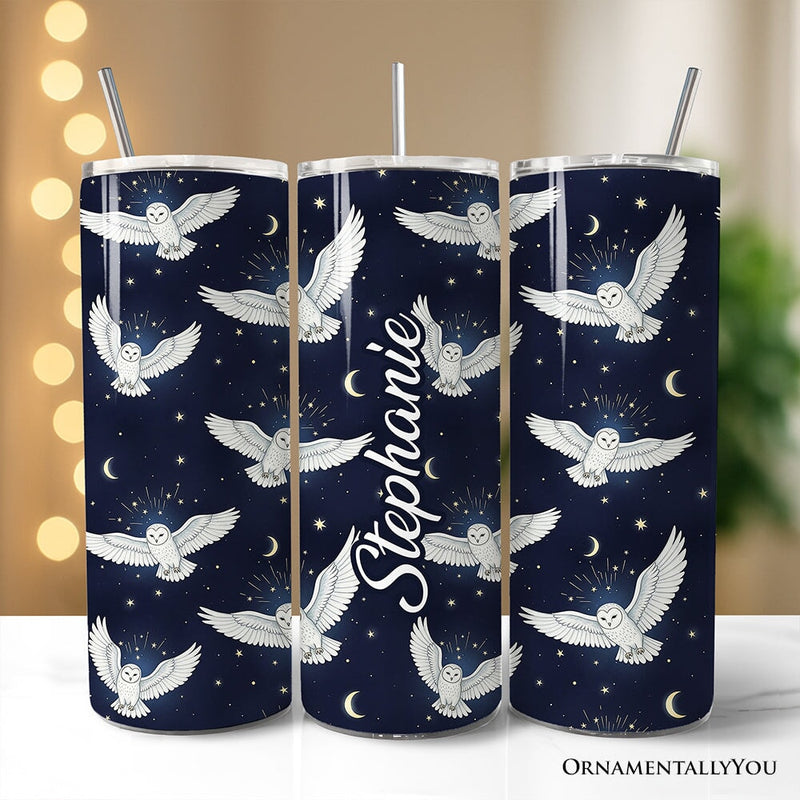 Snowy Owl Under Moon and Stars 20oz Personalized Tumbler With Lid and Stainless Steel Straw, Enchanted Navy Night Sky Gift Cup