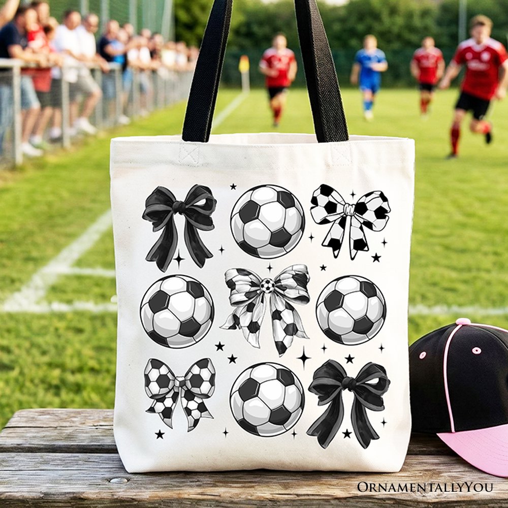 Soccer Balls Coquette Bows Tote Bag, Sports Mom Gift Shopper