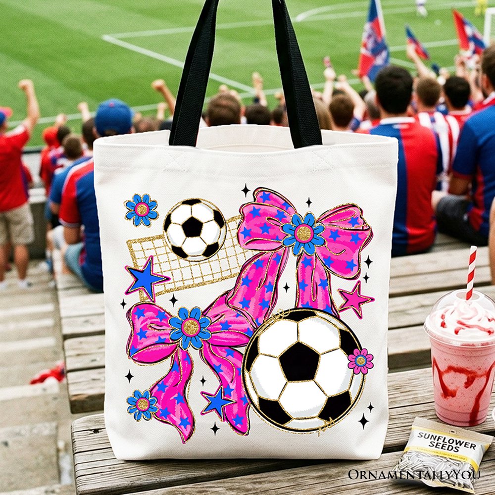 Soccer Coquette Pink Bow Tote Bag, Preppy Game Day Gift Shopper