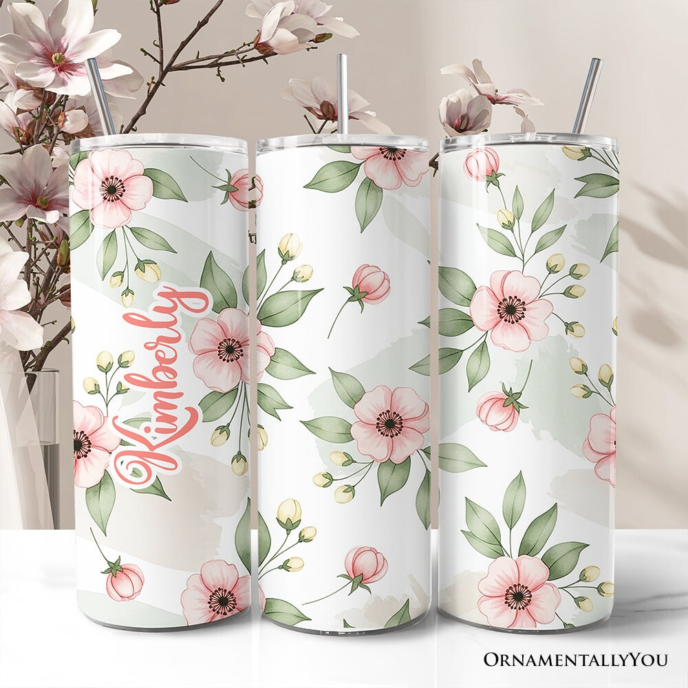 Soft Pink Wildflower 20oz Personalized Tumbler With Lid and Stainless Steel Straw, Elegant Floral Pattern Gift Cup