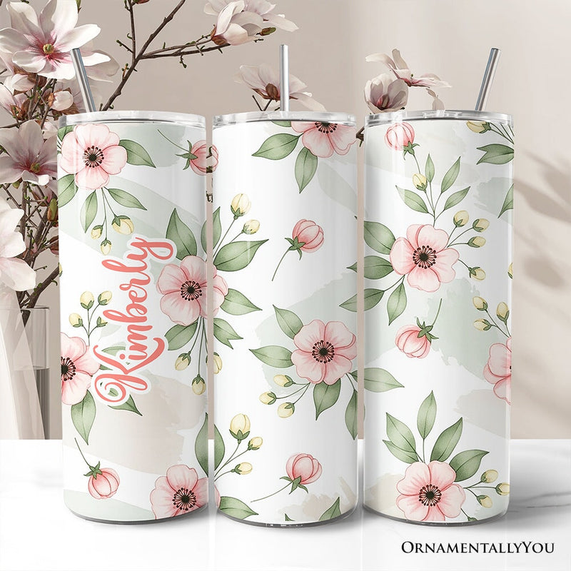 Soft Pink Wildflower 20oz Personalized Tumbler With Lid and Stainless Steel Straw, Elegant Floral Pattern Gift Cup