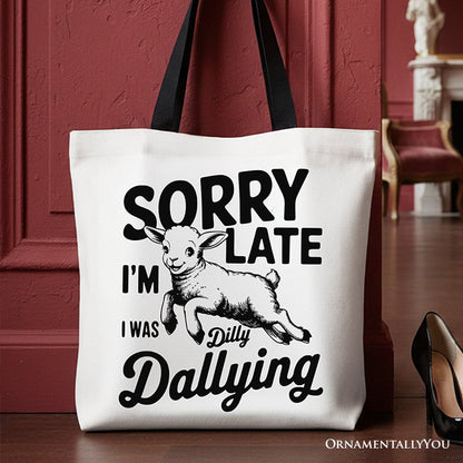 Sorry I'm Late Funny Lamb Tote Bag, Retro Dilly Dallying Gift Shopper for Quirky Women