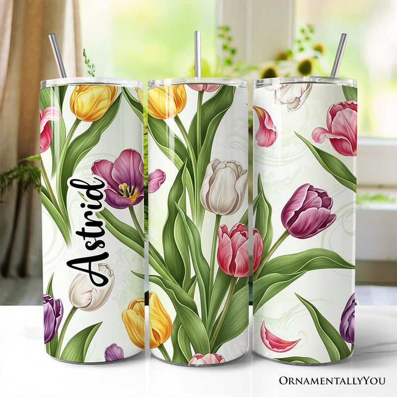 Spring Tulip Garden 20oz Personalized Tumbler With Lid and Stainless Steel Straw, Colorful Floral Bouquet Gift Cup