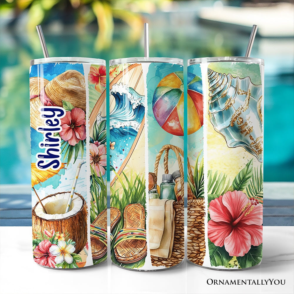 Summer Vibes 20oz Personalized Tumbler With Lid and Stainless Steel Straw, Brushstrokes Beach with Coconut and Flowers Gift Cup