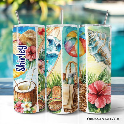 Summer Vibes 20oz Personalized Tumbler With Lid and Stainless Steel Straw, Brushstrokes Beach with Coconut and Flowers Gift Cup