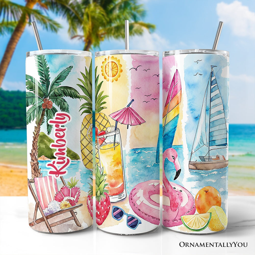 Summer Vibes 20oz Personalized Tumbler With Lid and Stainless Steel Straw, Brushstrokes Vacation Beach Gift Cup