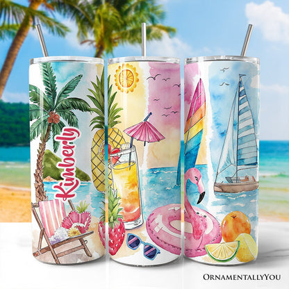 Summer Vibes 20oz Personalized Tumbler With Lid and Stainless Steel Straw, Brushstrokes Vacation Beach Gift Cup
