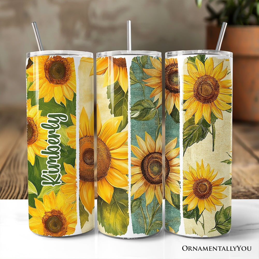Sunflowers Season 20oz Personalized Tumbler With Lid and Stainless Steel Straw, Brushstrokes Vacation Beach Gift Cup