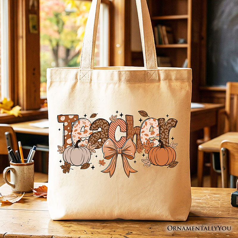 Teacher Coquette Autumn Tote Bag, Cozy Fall Pumpkin Gift Shopper for Educators