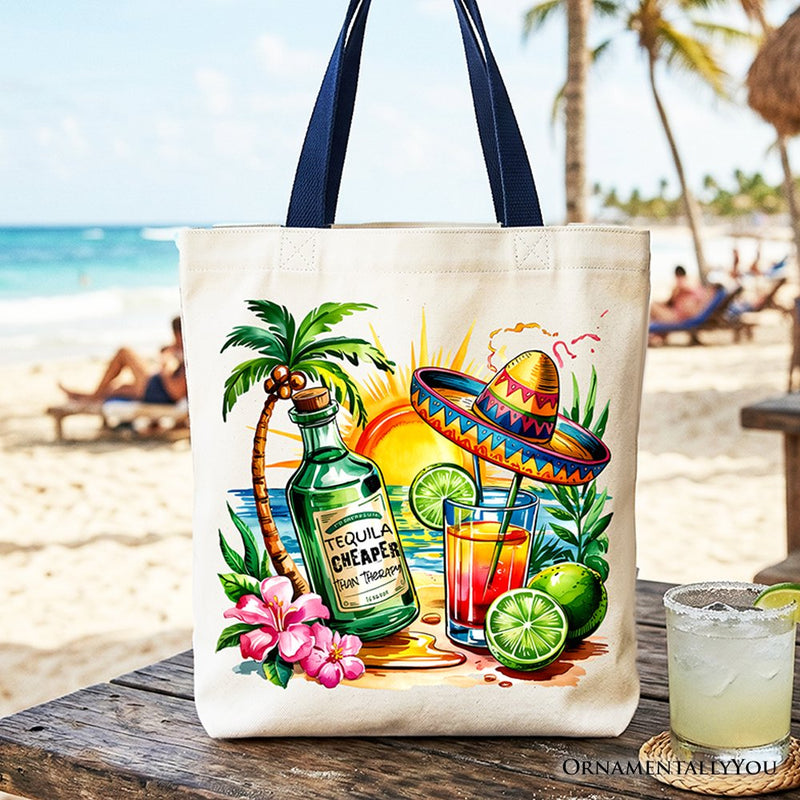 Tequila Cheaper Than Therapy Cinco De Mayo Tote Bag, Funny Beach Drink Gift Shopper