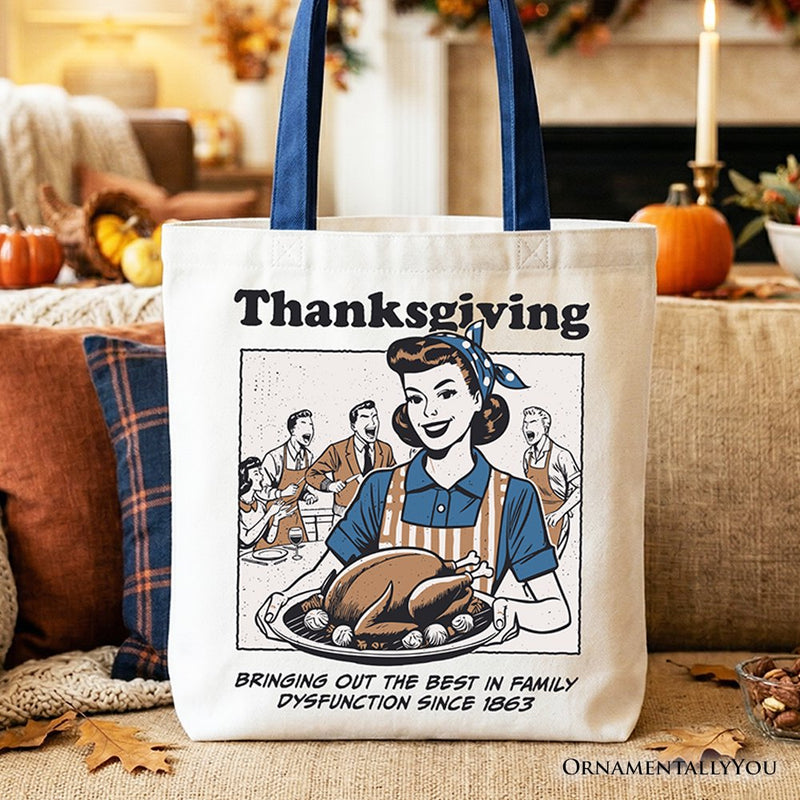 Thanksgiving Family Dysfunction Retro Tote Bag, Funny Holiday Humor Gift Shopper for Sarcastic Families