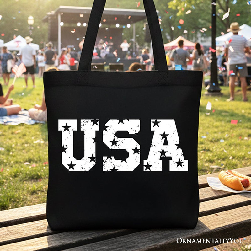 USA Block Letters Tote Bag, Vintage Patriotic Gift Shopper for Independence Day