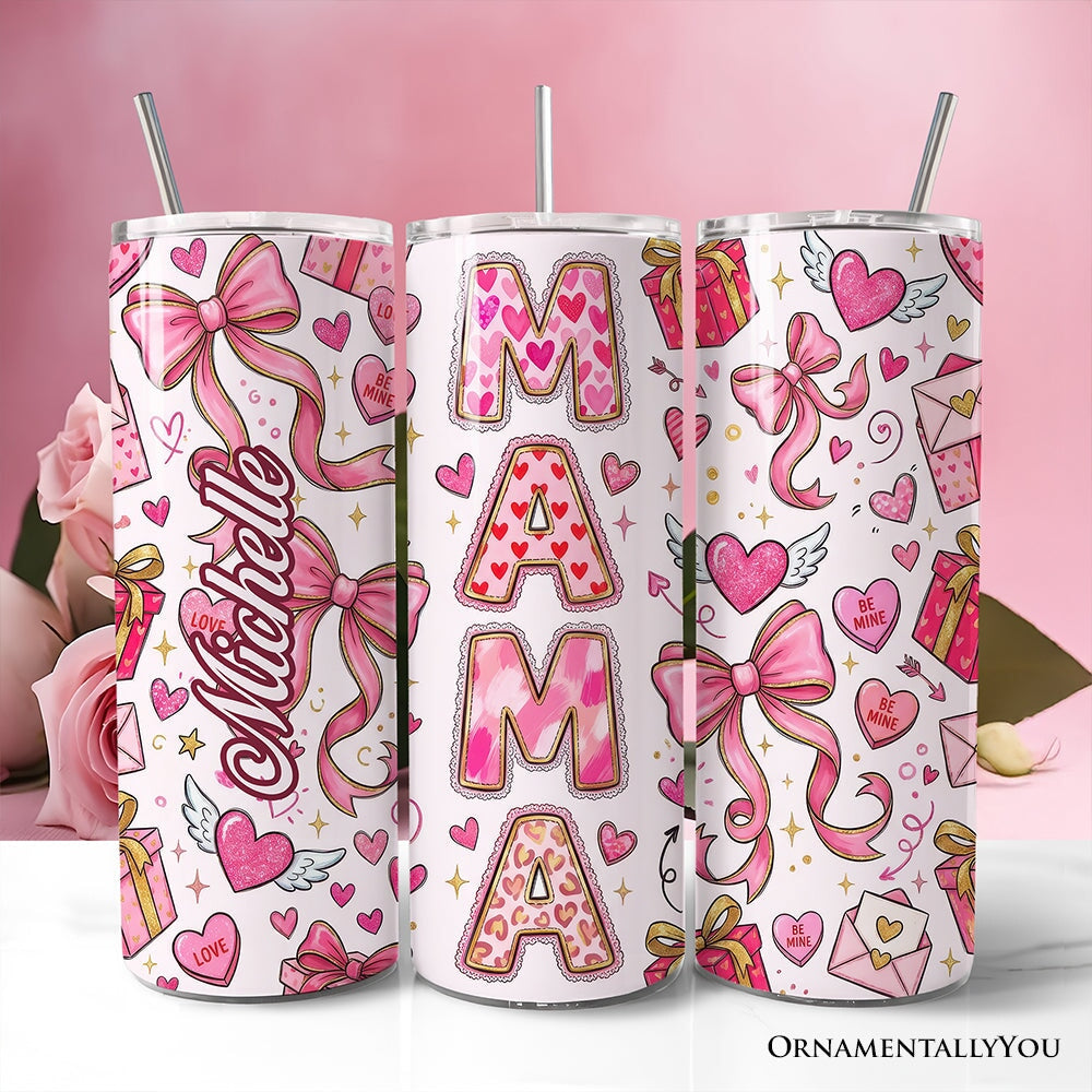 Valentine Mama Coquette Bow 20oz Personalized Tumbler With Lid and Stainless Steel Straw, Charming Pink Love Pattern Gift Cup