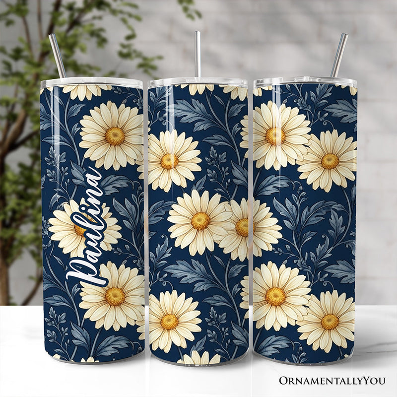 Vintage Daisy Floral Pattern 20oz Personalized Tumbler With Lid and Stainless Steel Straw, Navy Blue Cottage Garden Gift Cup