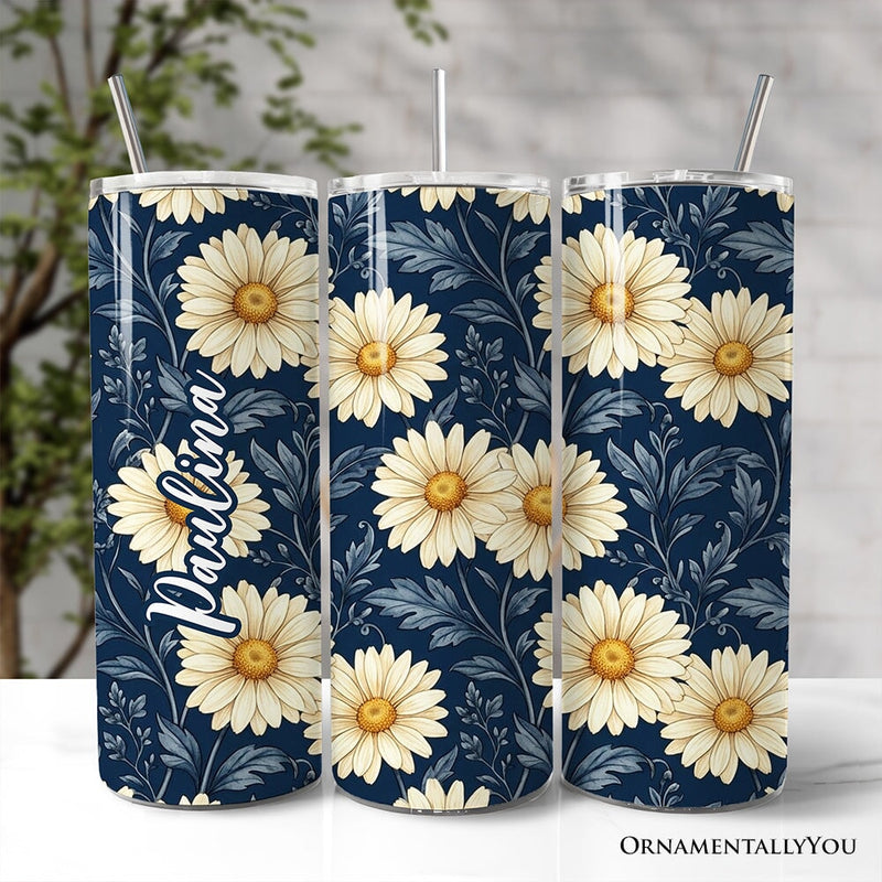Vintage Daisy Floral Pattern 20oz Personalized Tumbler With Lid and Stainless Steel Straw, Navy Blue Cottage Garden Gift Cup