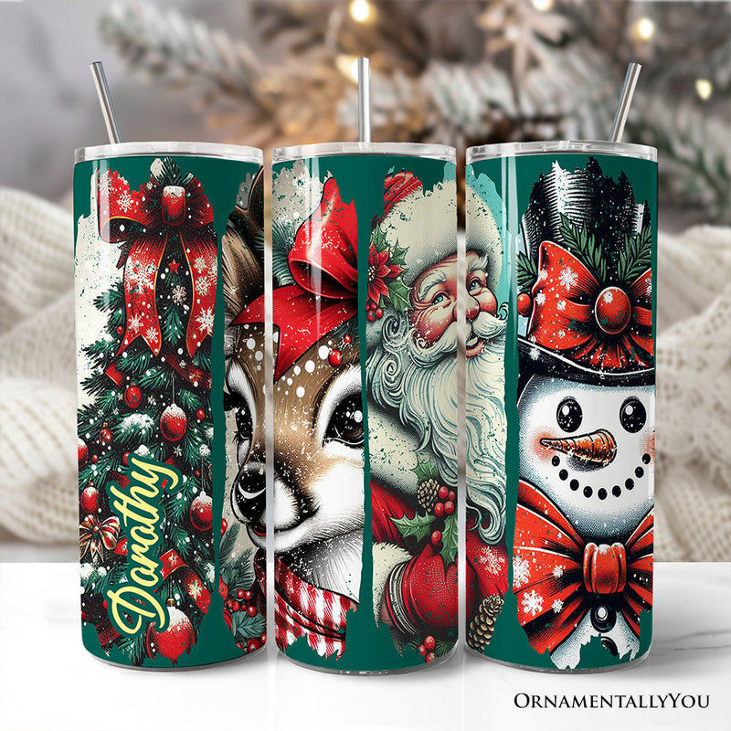 Vintage Tree, Reindeer, Santa and Snowman 20oz Personalized Tumbler With Lid and Stainless Steel Straw, Green Christmas Brushstrokes Gift Cup